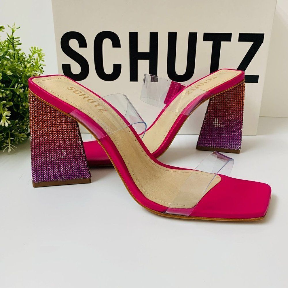 Schutz Ariellen Pink Rhinestones Block Heel Mule Clear Strap Sandals Sz 8B
